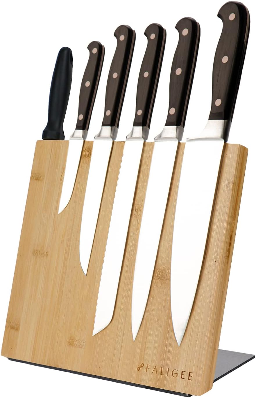 FALIGEE Bambus Messerblock - magnetischer Messerhalter mit Edelstahlfuß - ohne Messer inkl. Wetzstahl