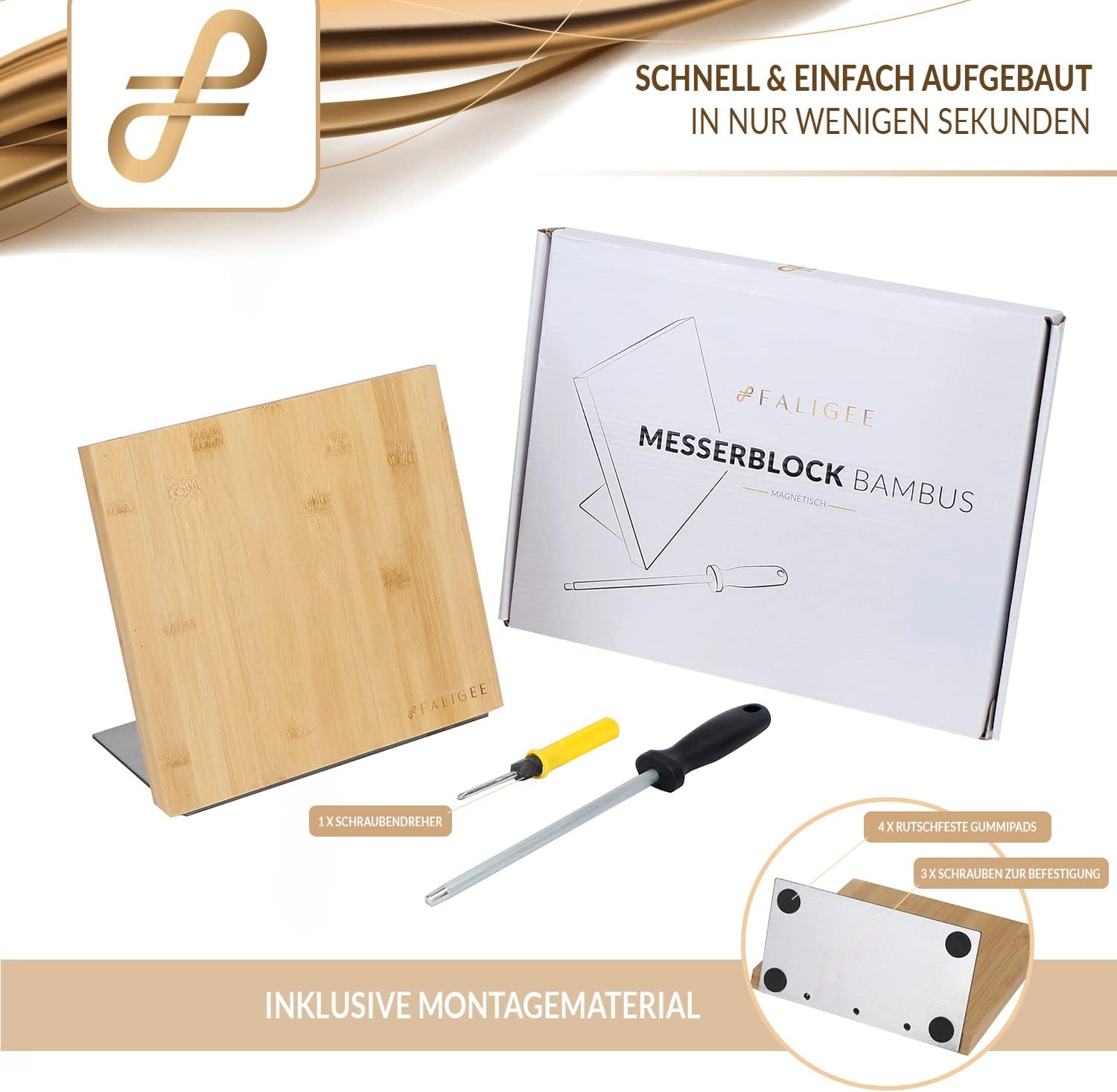 FALIGEE Bambus Messerblock - magnetischer Messerhalter mit Edelstahlfuß - ohne Messer inkl. Wetzstahl