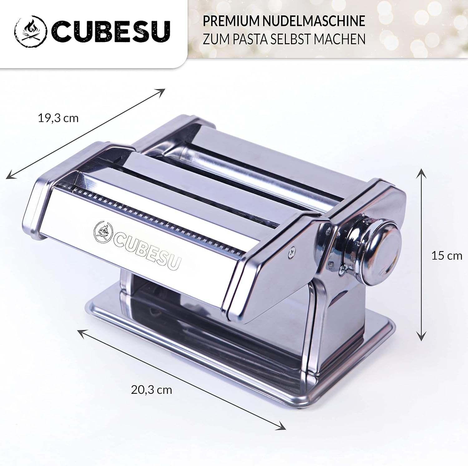 CUBESU Edelstahl Nudelmaschine - manueller Pasta-Maker mit Holzgriff Pastamaschine