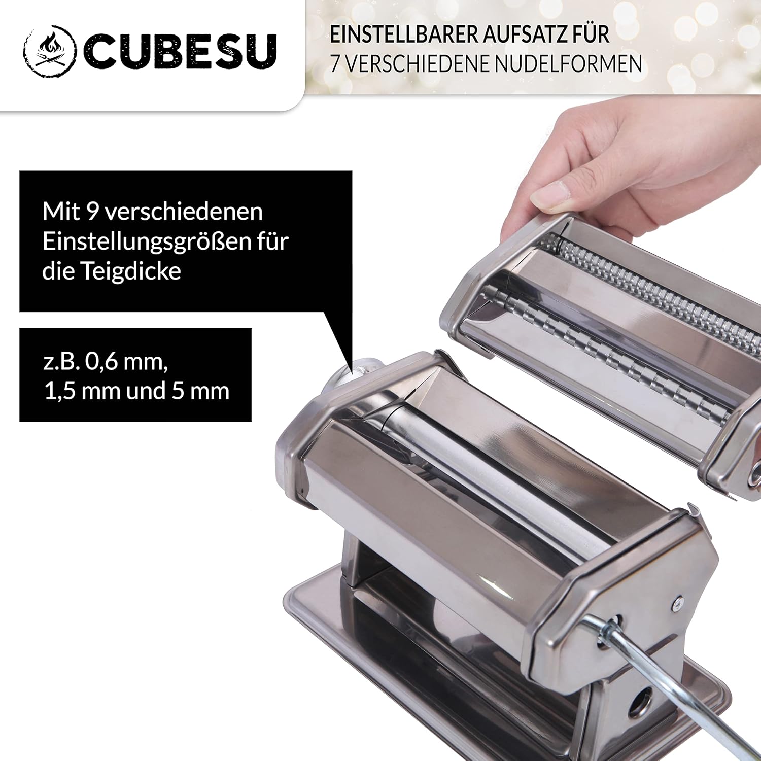 CUBESU Edelstahl Nudelmaschine - manueller Pasta-Maker mit Holzgriff Pastamaschine