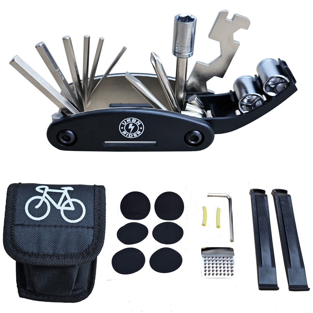 UrbnRider Bike Repair Set mit 16-in-1 Multitool + 6 x Flicken + Reibe + Mantelheber in praktischer Tasche